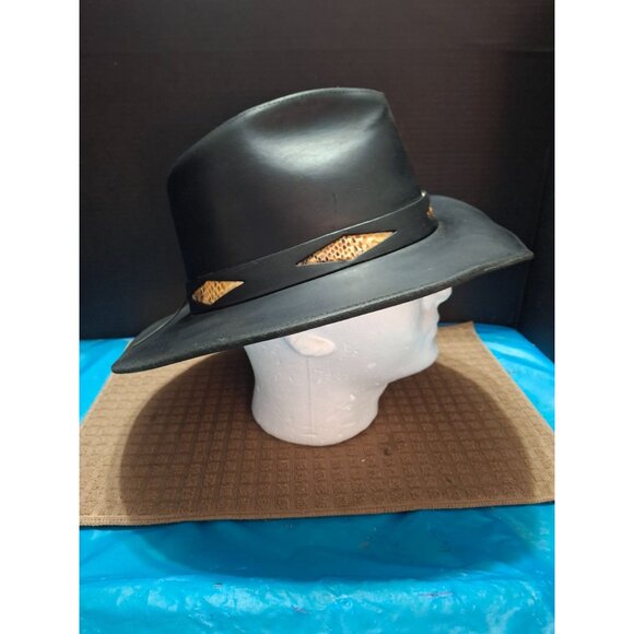 Black Western Leather Cowboy Hat With Snake Skin Band Size L - Picture 2 of 9